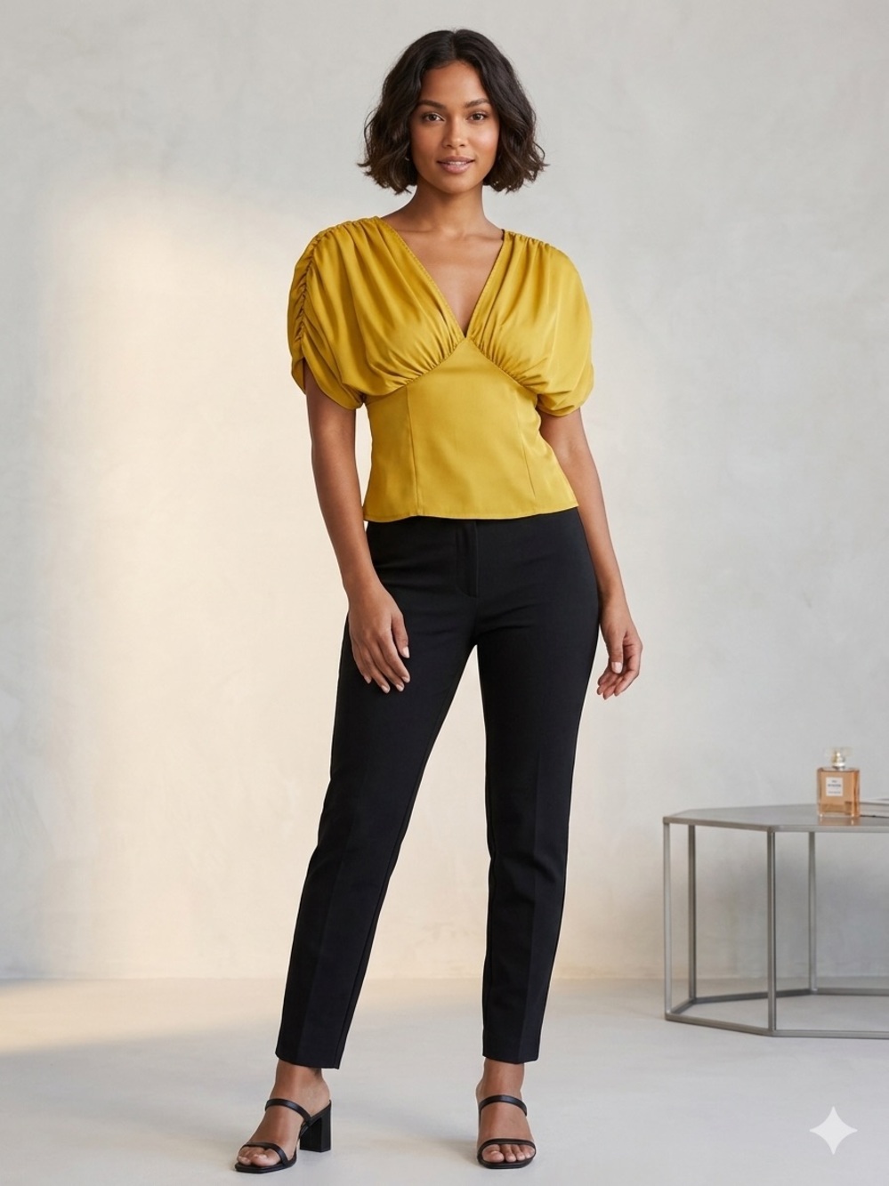 ASOS Mustard Yellow Puff-Sleeve V-Neck Top
